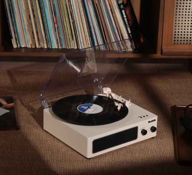 LNC Retro Vinyl Record Player with Bluetooth Speaker, Portable Turntable for Living Room, Walnut, White