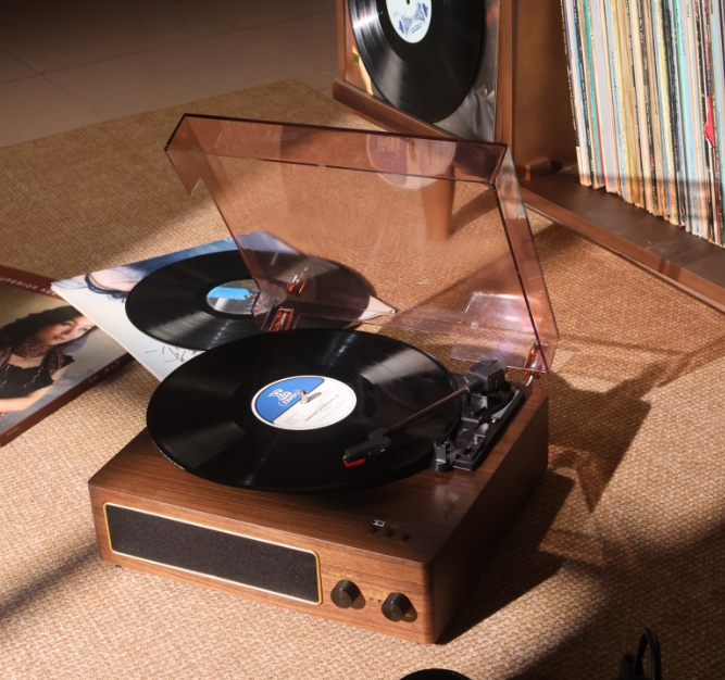 LNC Retro Vinyl Record Player with Bluetooth Speaker, Portable Turntable for Living Room, Walnut, White